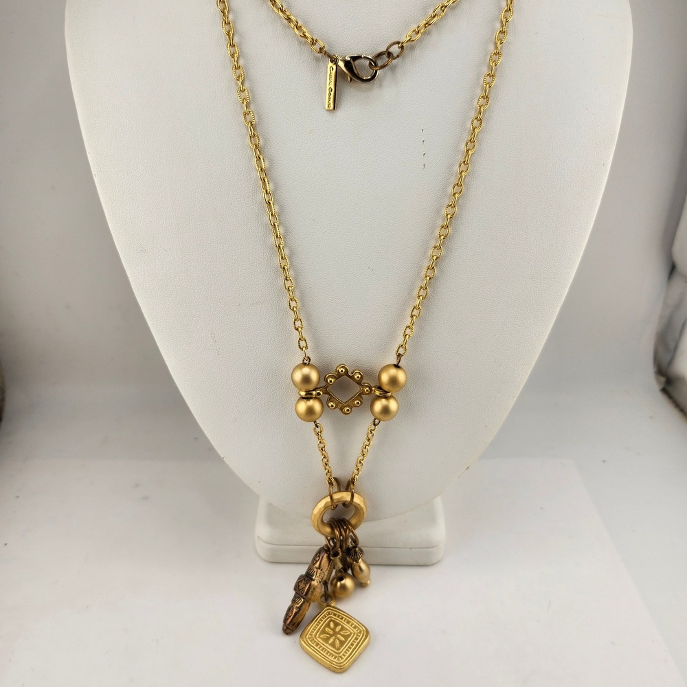 Casual Corner Gold Tone Statement Necklace Pendant Dangle Charms Square Charm